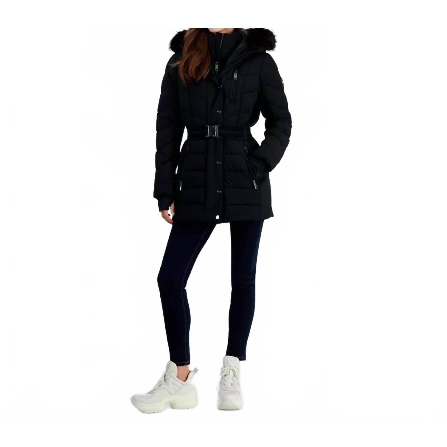 New Michael Michael Kors Belted Chevron Scutab Stretch Quilted Coat Jacket In Bl